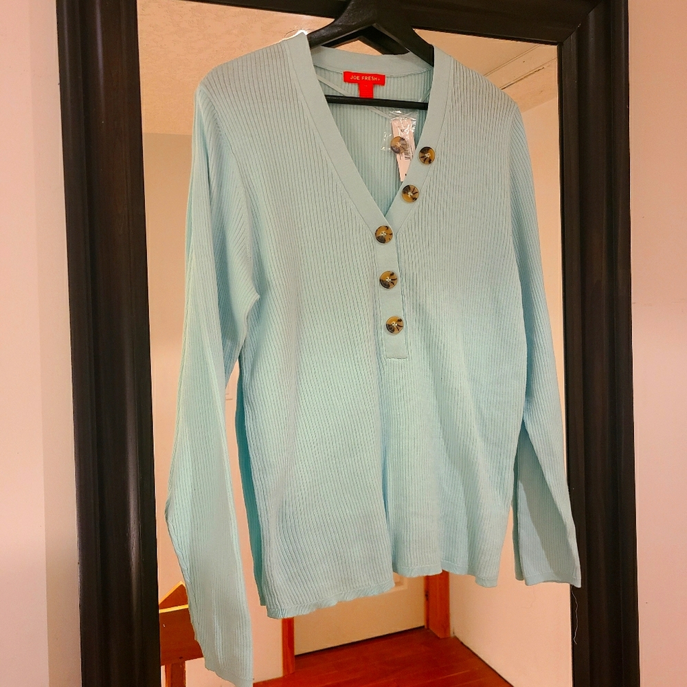 Light Teal Button V-neck sweater